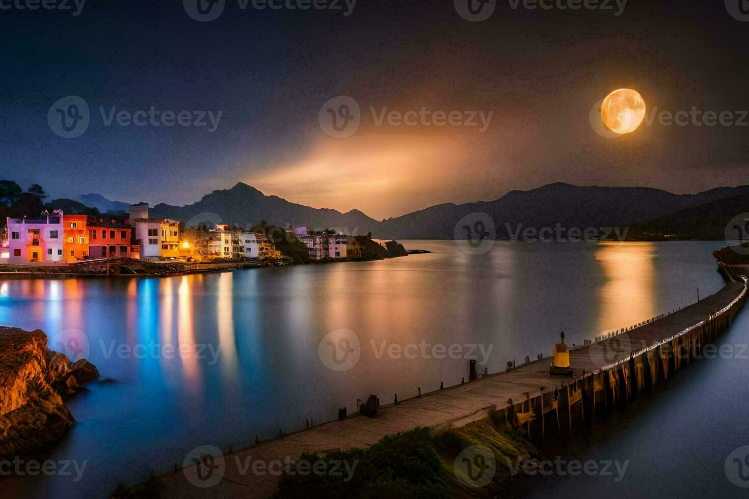 a moonlit night scene with a pier and houses on the water. AI-Generated photo