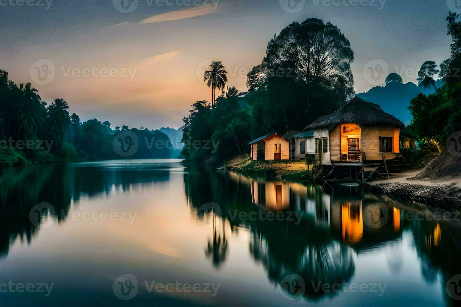 a house sits on the bank of a river at sunset. AI-Generated photo