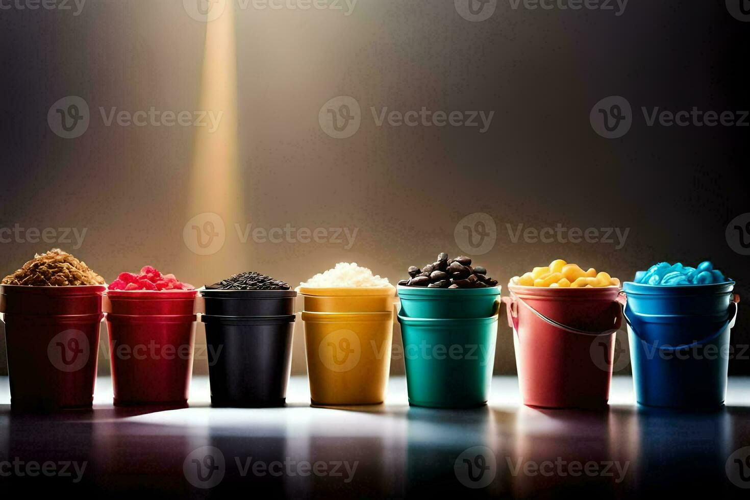 a row of colorful buckets with different types of candy. AI-Generated photo