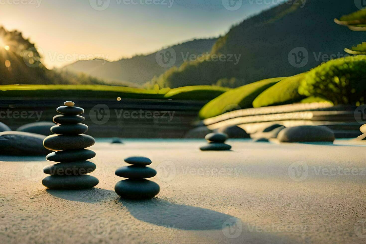 rocks stacked on the ground in front of a mountain. AI-Generated photo
