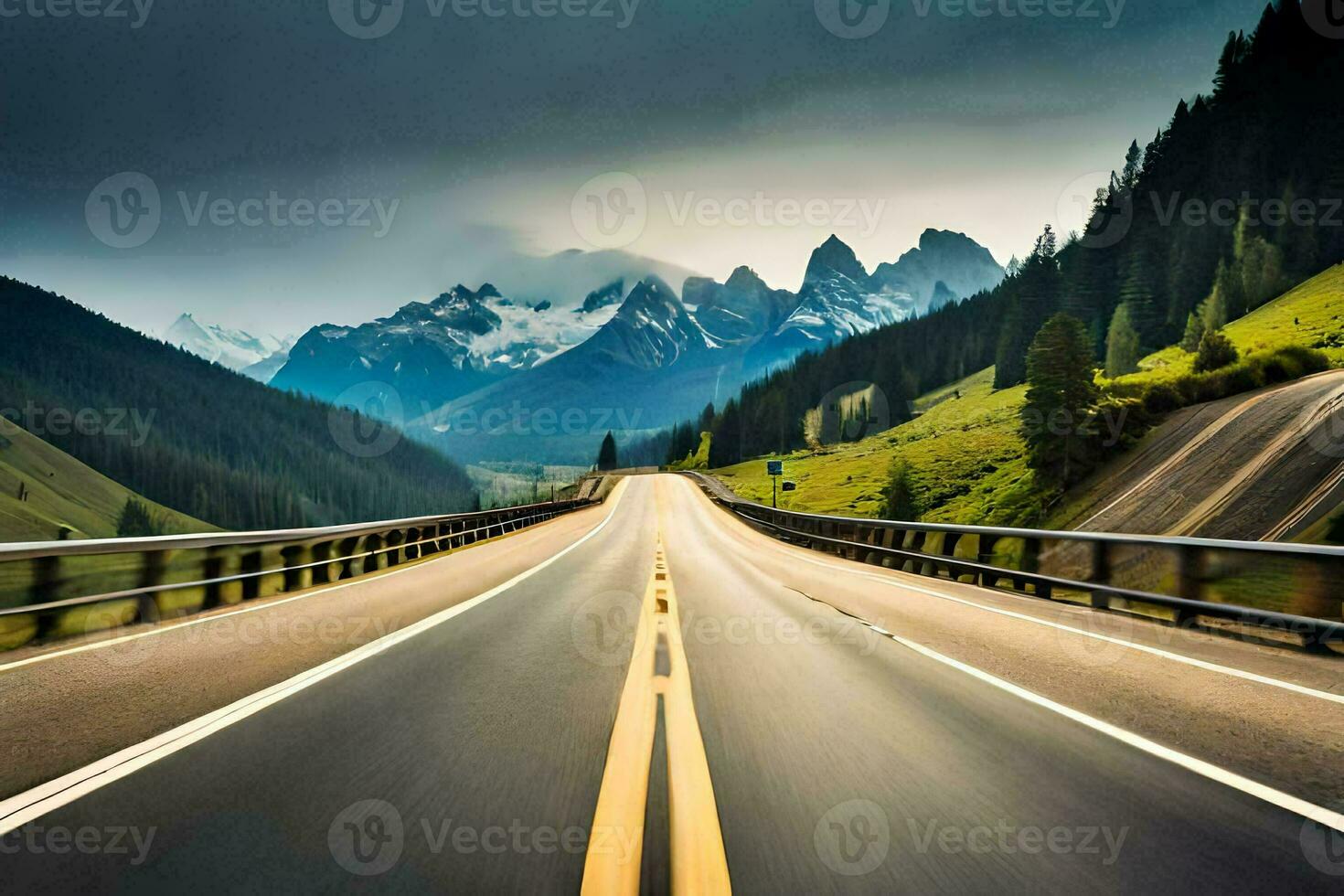 a highway with mountains in the background. AI-Generated photo