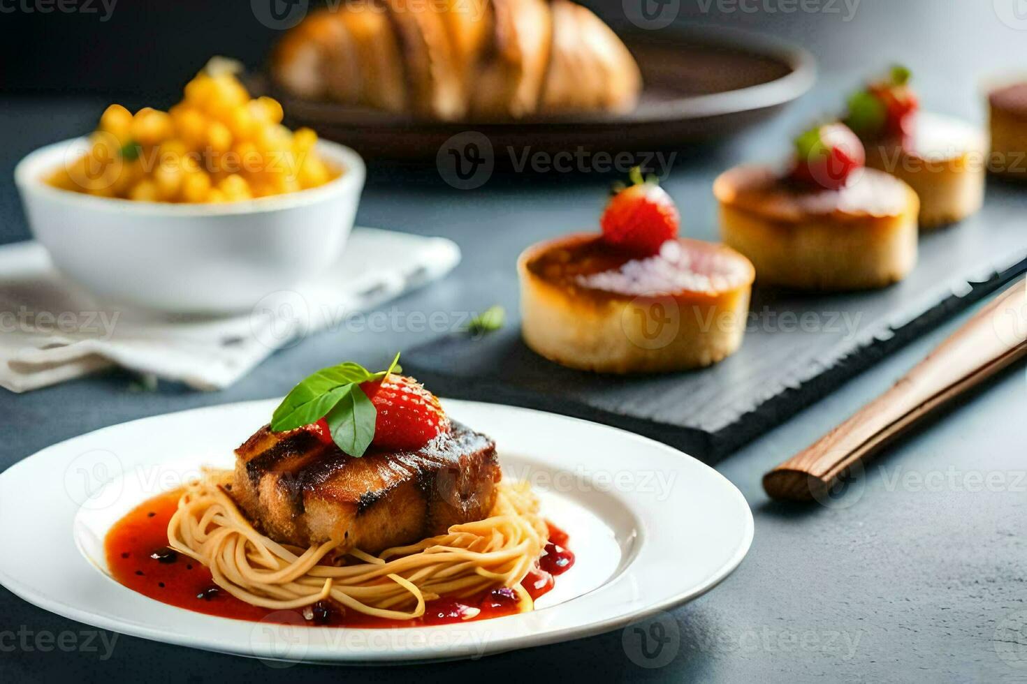 a plate of food with spaghetti and meat. AI-Generated photo