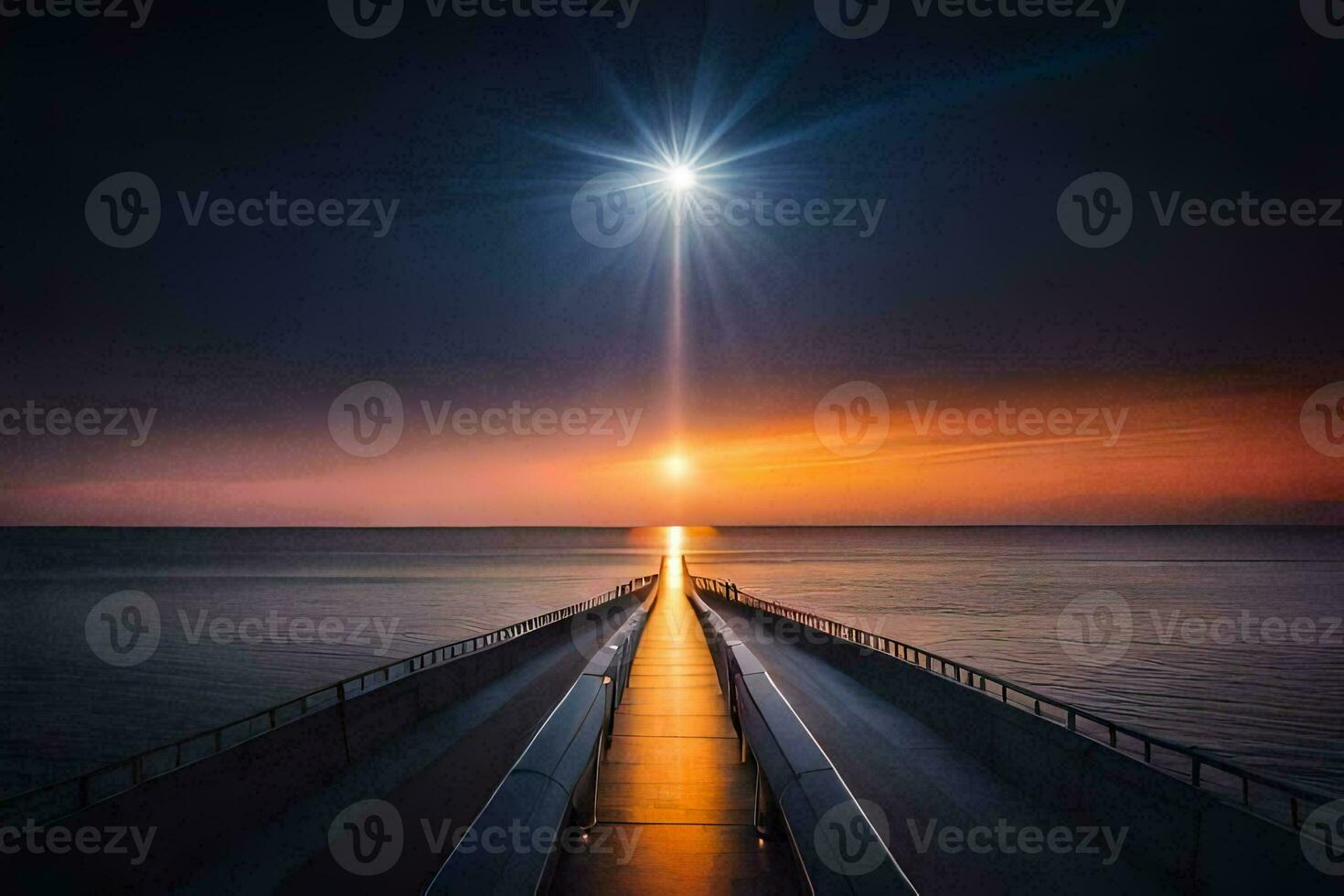 a long pier with a bright sun shining over it. AI-Generated photo