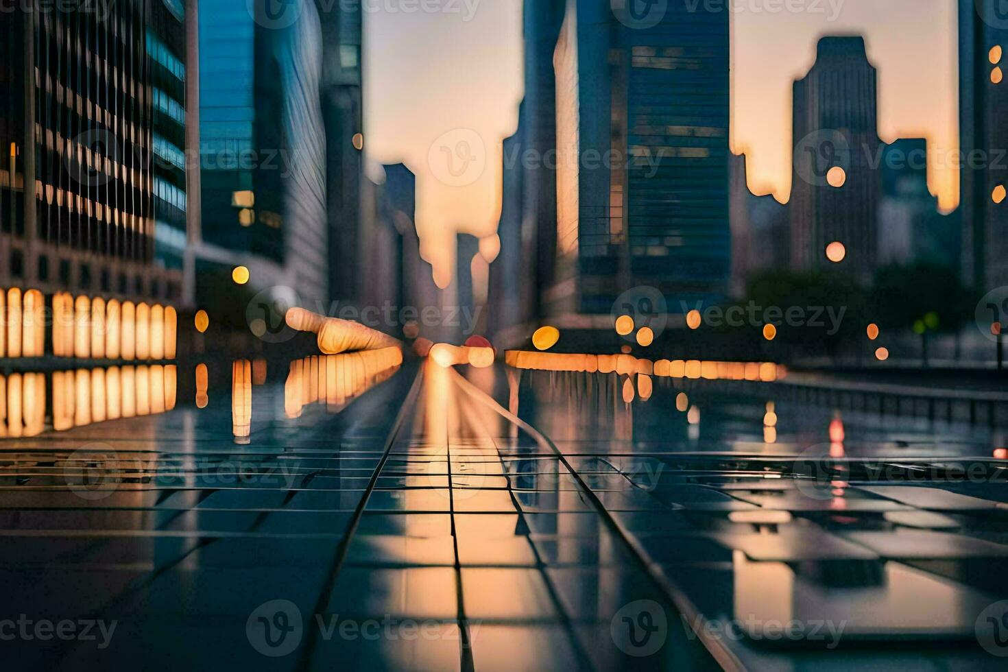 a city street at dusk with buildings in the background. AI-Generated photo