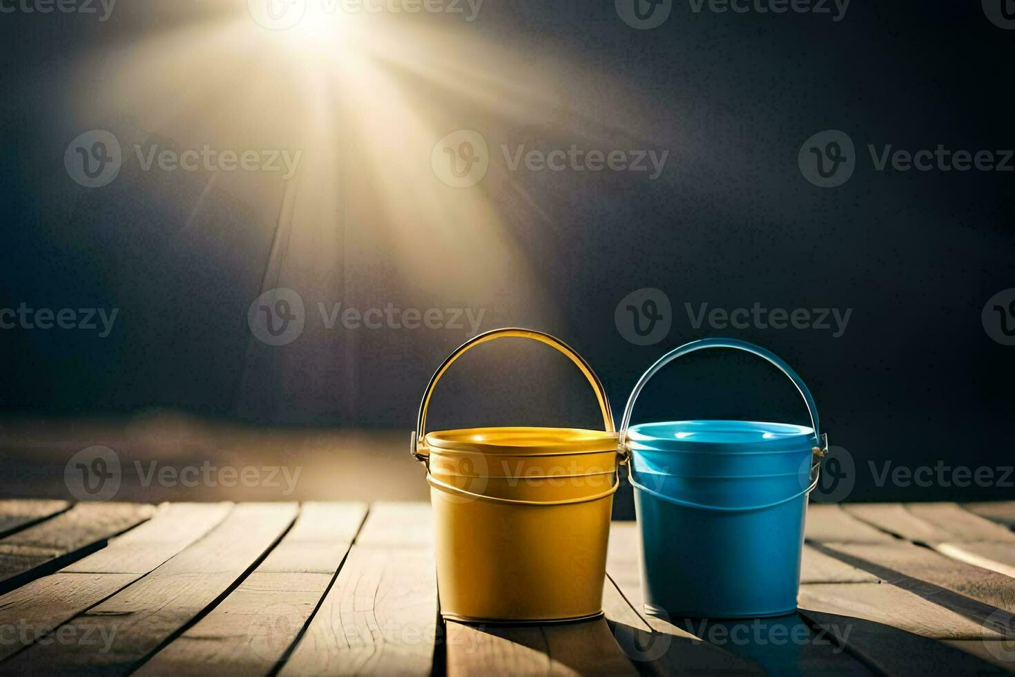 two buckets sit on a wooden table in front of a bright sun. AI-Generated photo