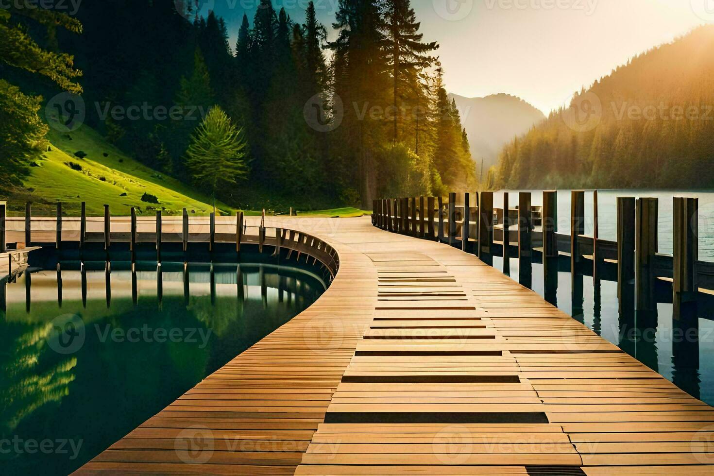 photo wallpaper the sky, mountains, lake, trees, the sun, the sky, the mountains. AI-Generated