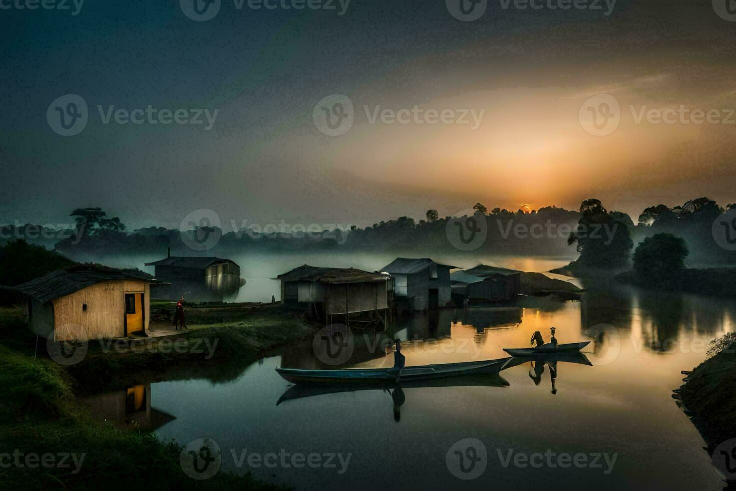 the sun rises over a river with houses and boats. AI-Generated photo