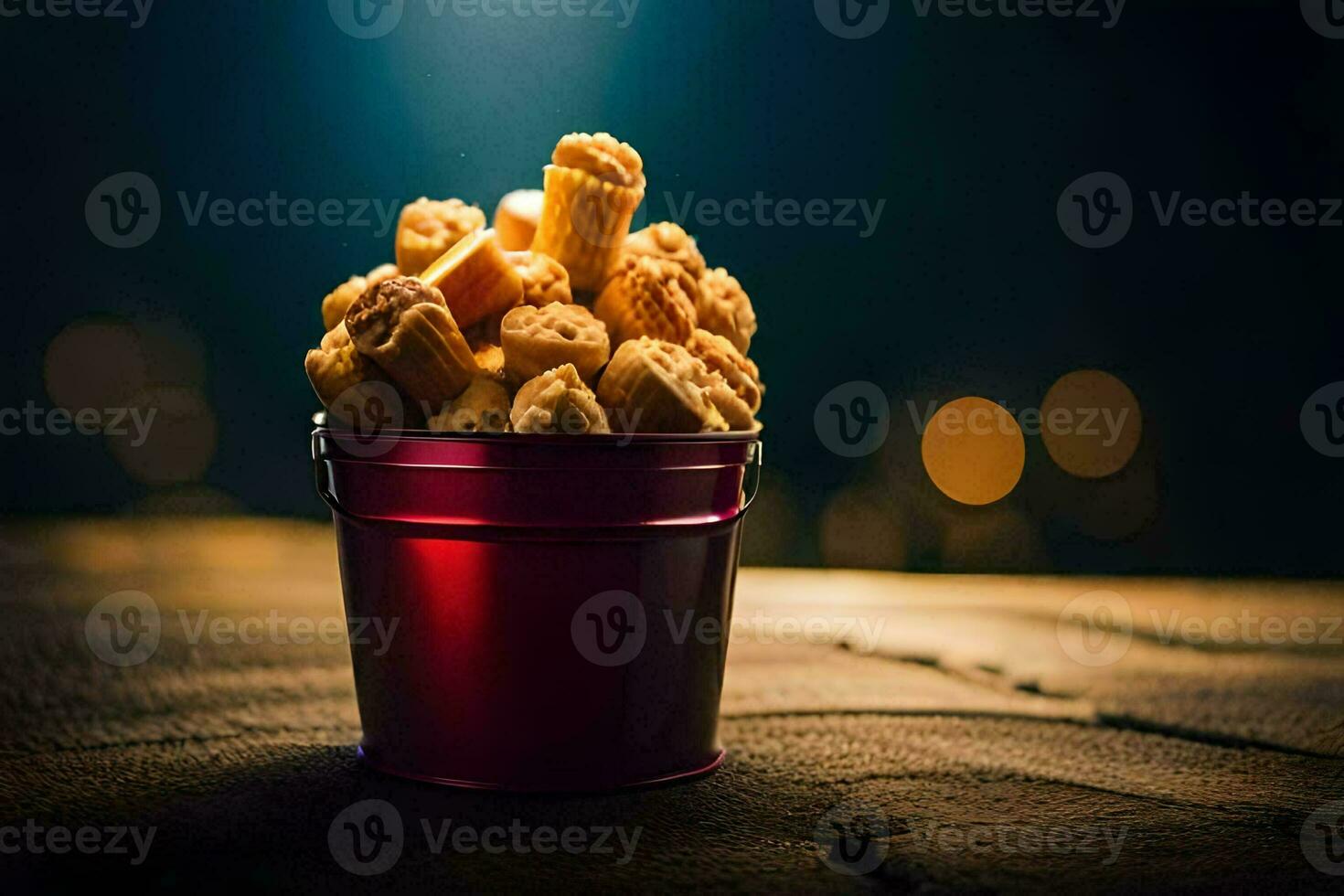 a bucket filled with cookies on a wooden table. AI-Generated photo