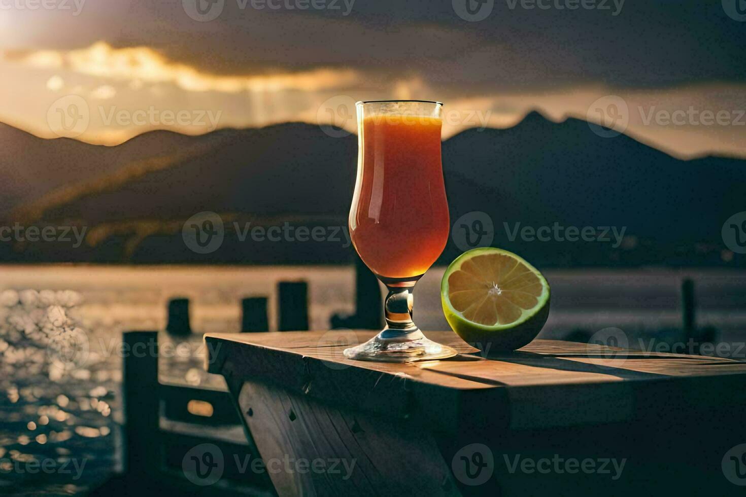 a glass of orange juice on a wooden table with a sunset in the background. AI-Generated photo