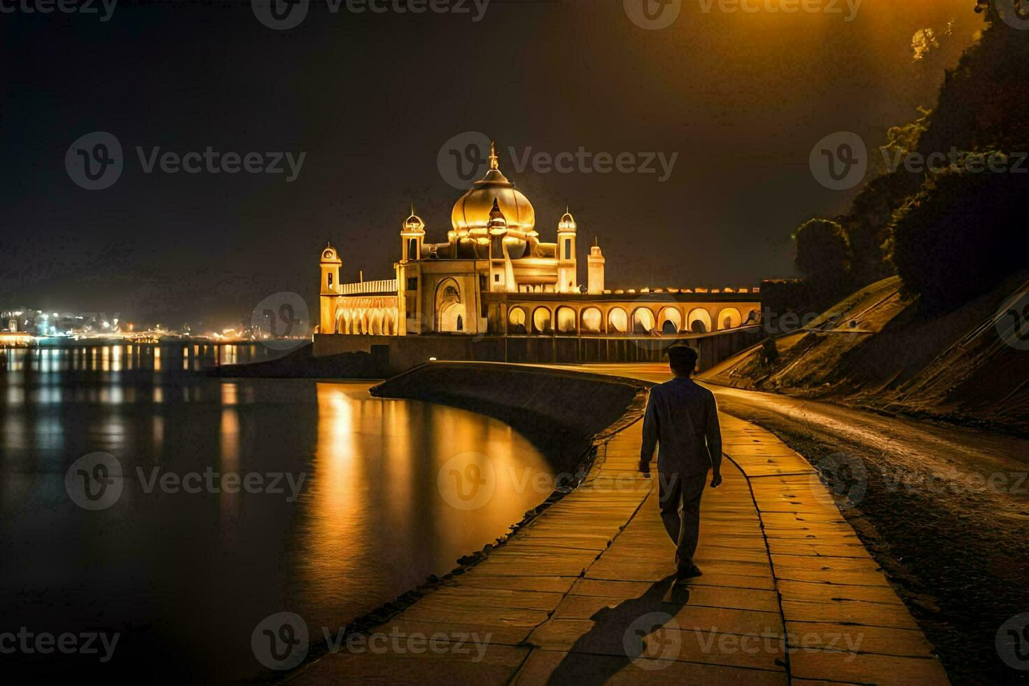a man walks along the water in front of a mosque at night. AI-Generated photo