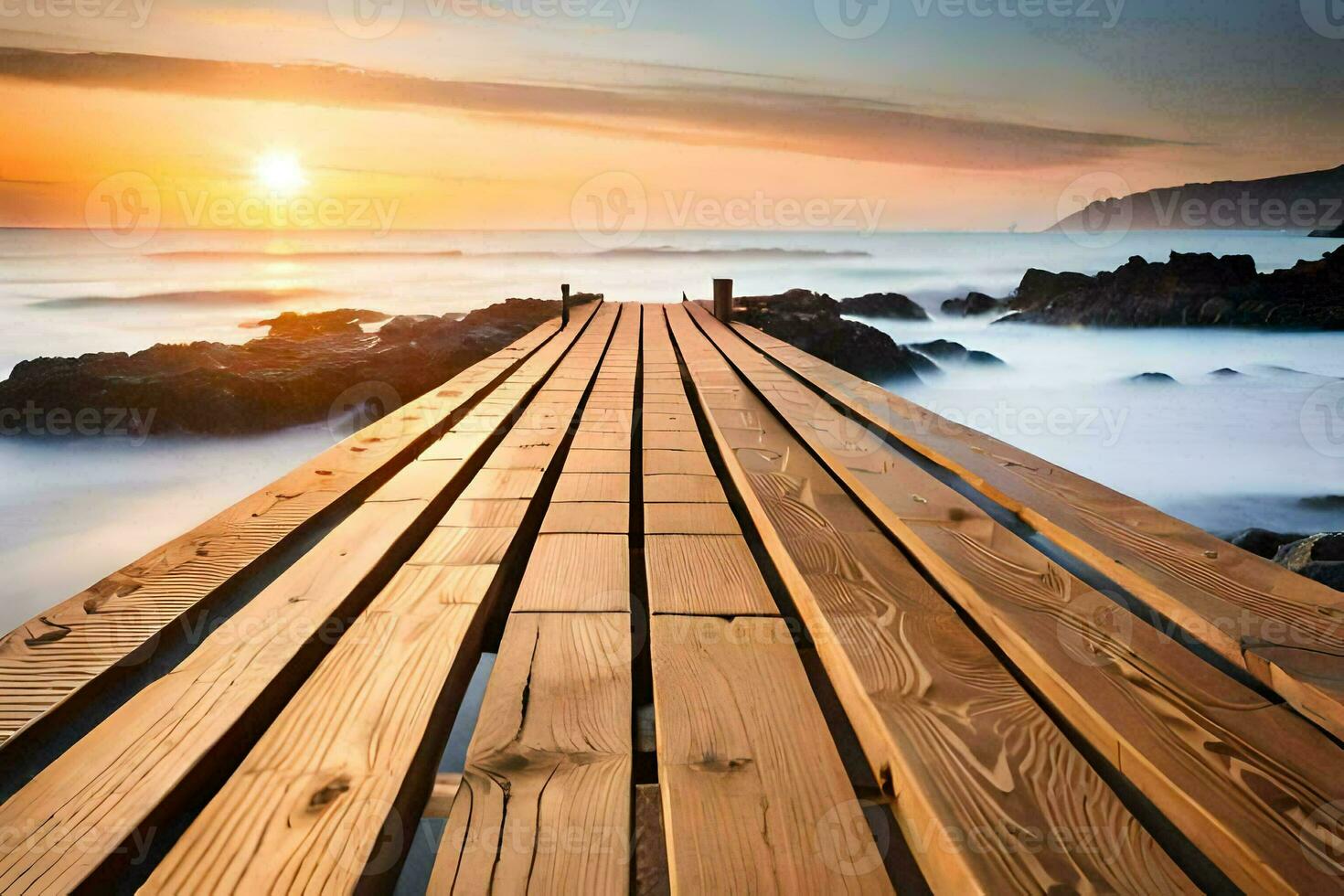 a wooden pier stretches out into the ocean at sunset. AI-Generated photo