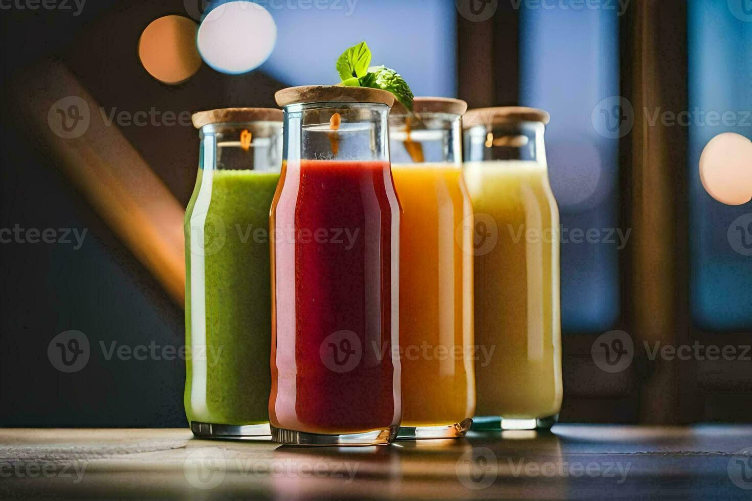 four different colored juices in glass bottles. AI-Generated photo