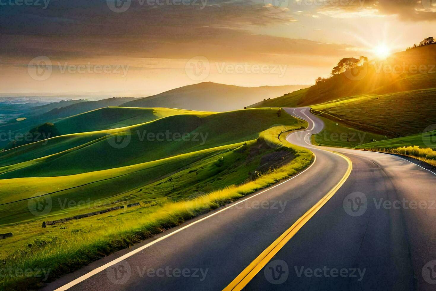 a winding road in the countryside with the sun setting. AI-Generated photo