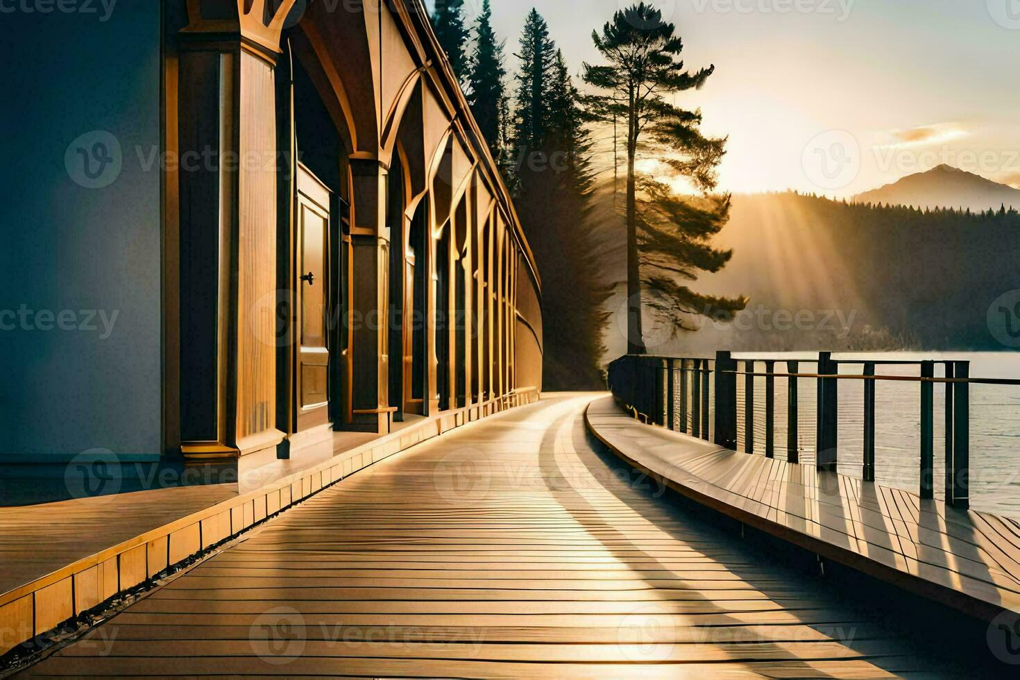 a wooden walkway leads to a lake and mountains. AI-Generated photo