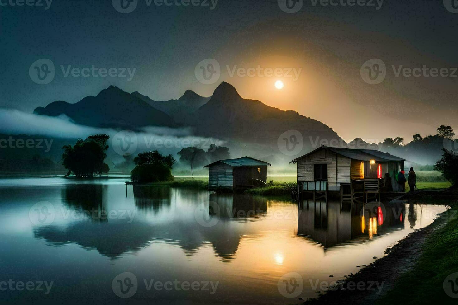 the sun rises over a lake and two small houses. AI-Generated photo