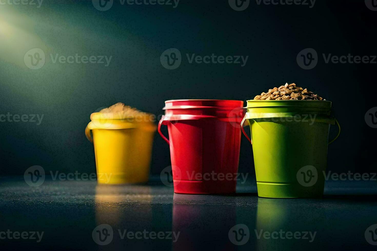 three colorful buckets with food in them. AI-Generated photo