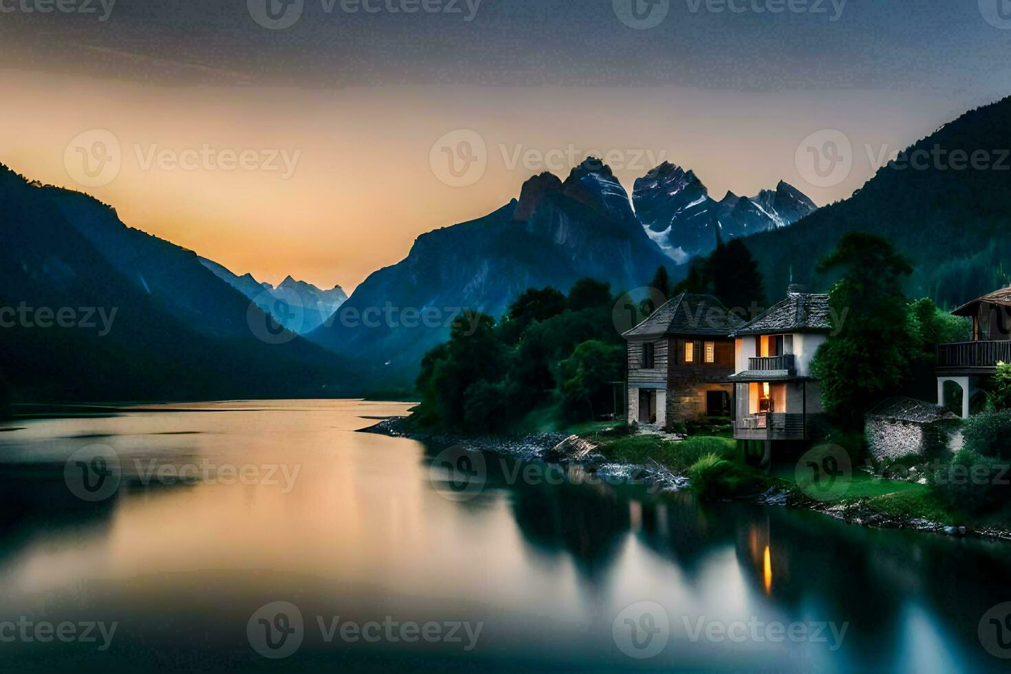 a house sits on the shore of a lake at sunset. AI-Generated photo