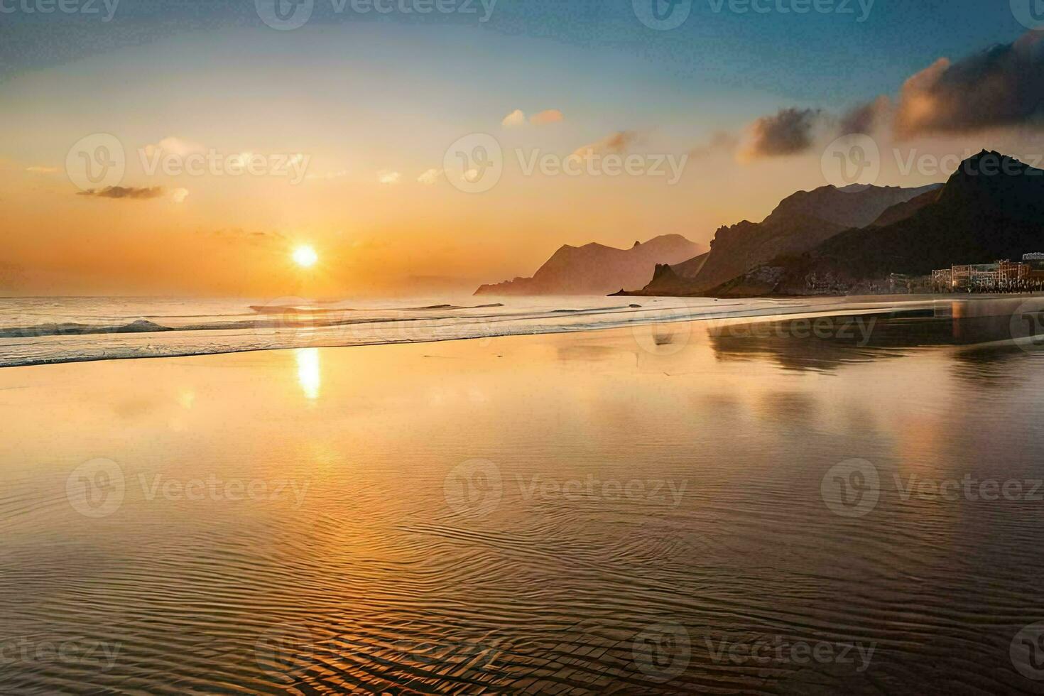 puesta de sol en el playa, playa, playa hd fondo de pantalla. generado por ai foto