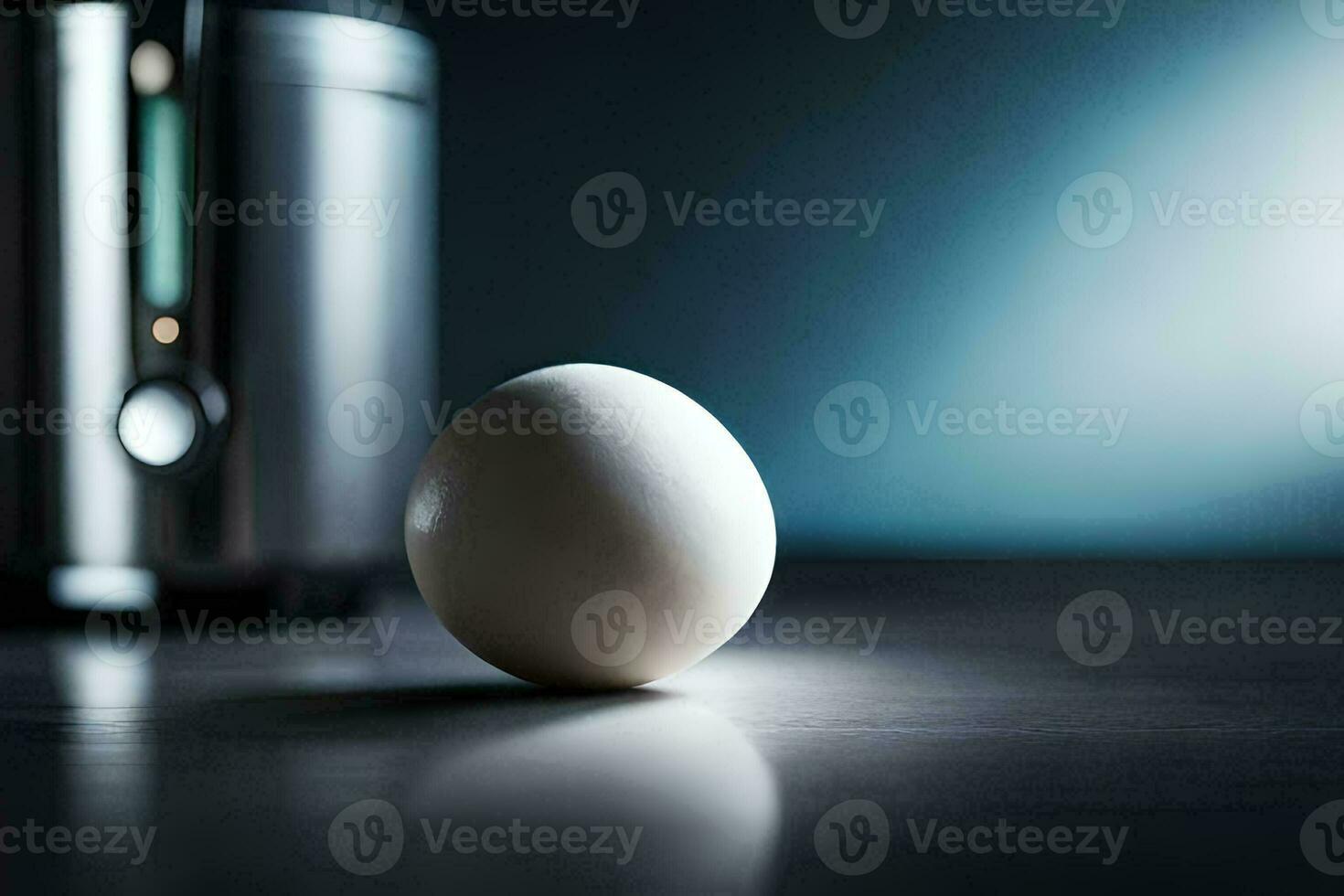 an egg sits on a table next to a blender. AI-Generated photo