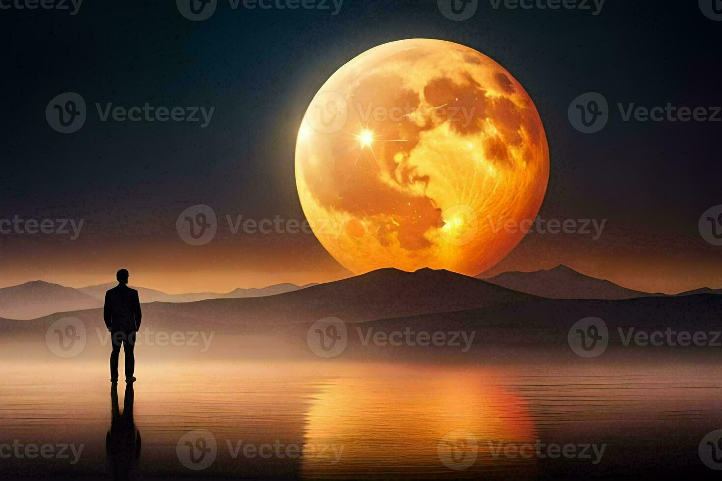 un hombre en pie en frente de un lleno Luna. generado por ai foto