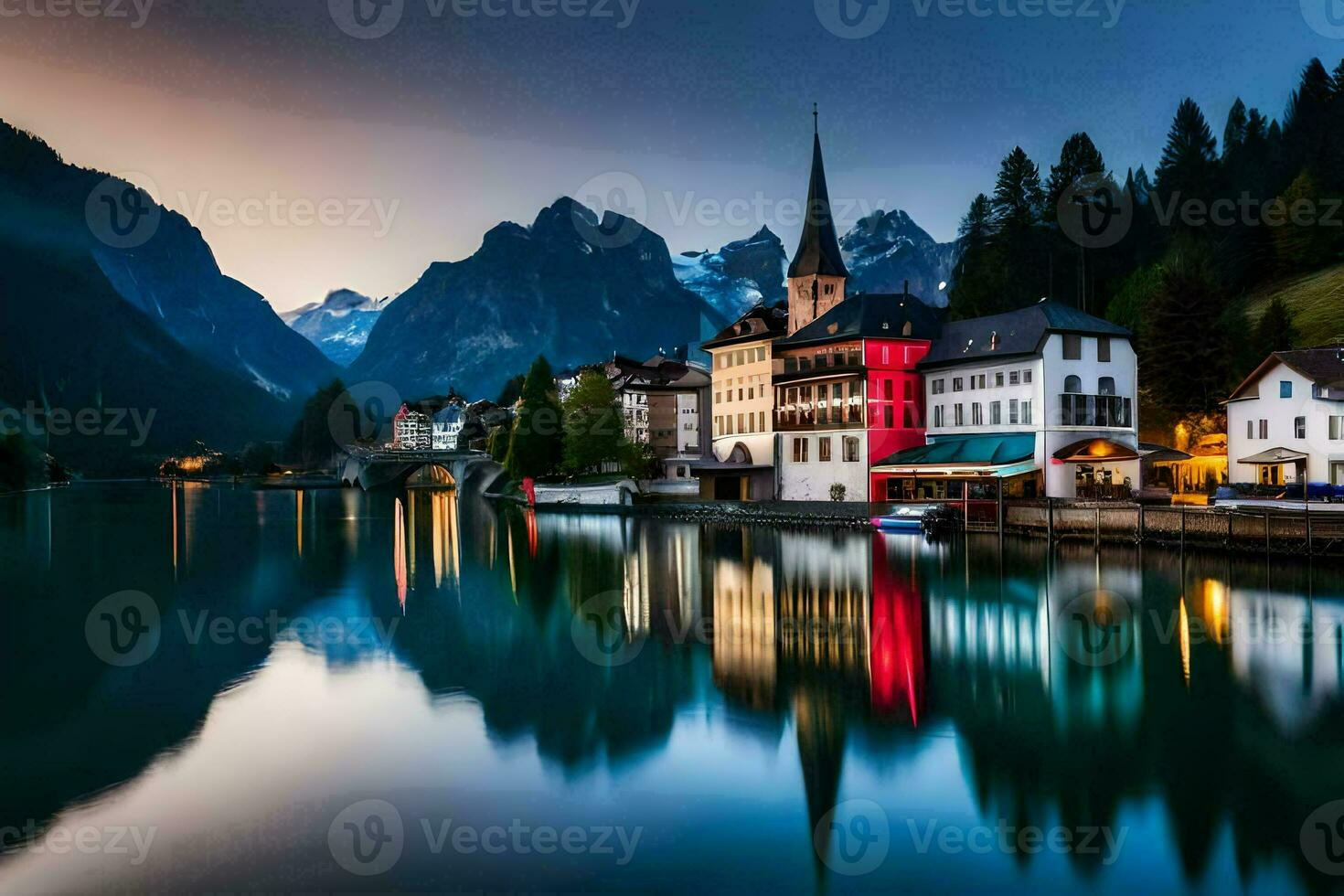 the town of hallstatt, austria, at dusk. AI-Generated photo