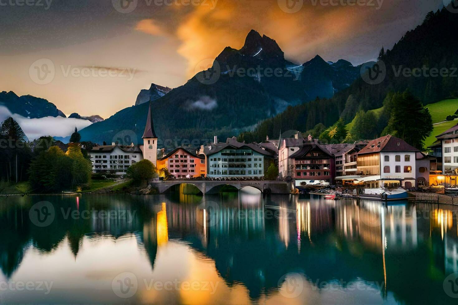 photo wallpaper the sky, mountains, lake, switzerland, the city, lake, switzerland. AI-Generated