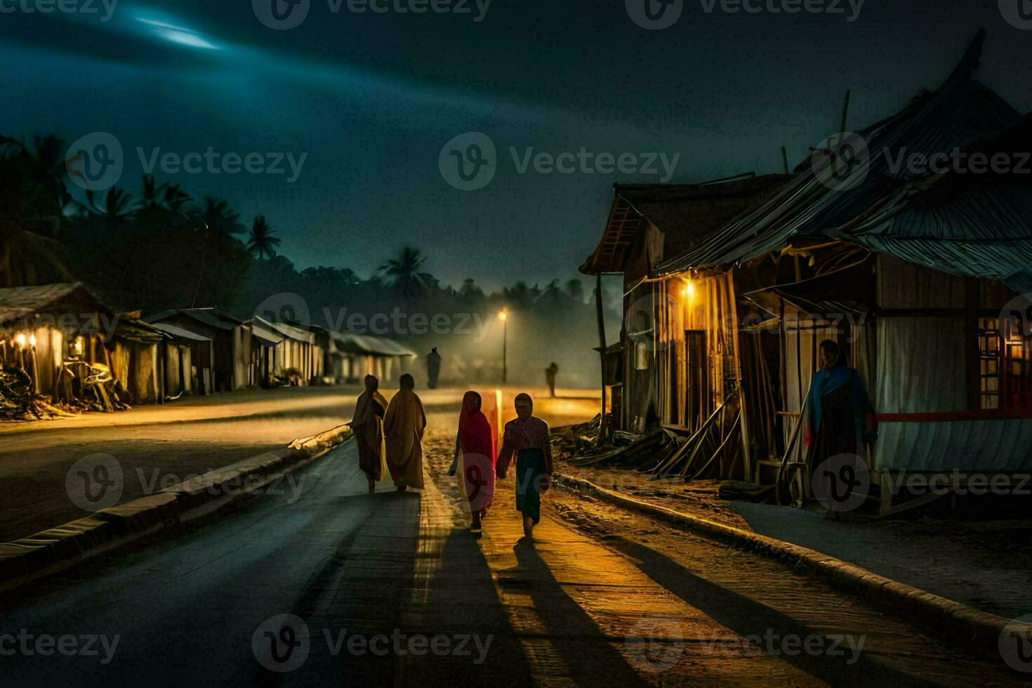 three people walk down a street at night. AI-Generated photo