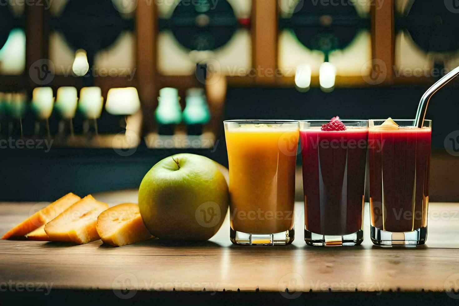 three glasses of juice and an apple on a table. AI-Generated photo