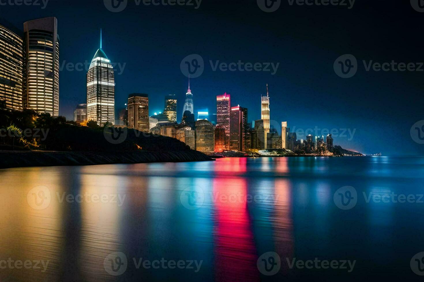 the city skyline at night with lights reflecting in the water. AI-Generated photo