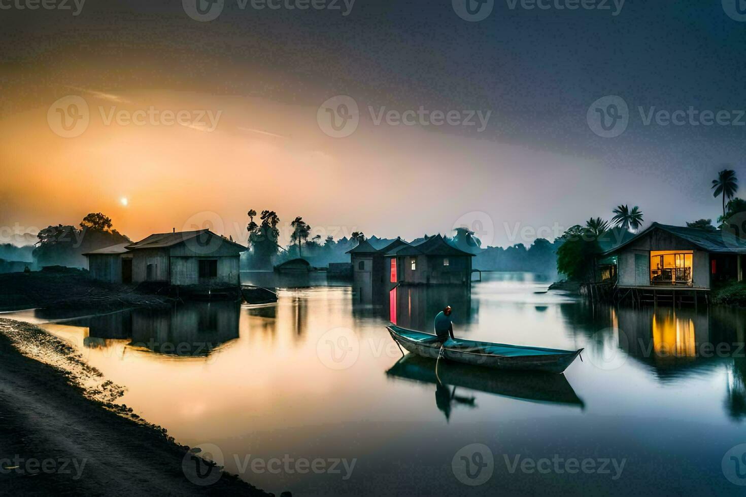 a man in a boat on the water in front of a small village. AI-Generated photo