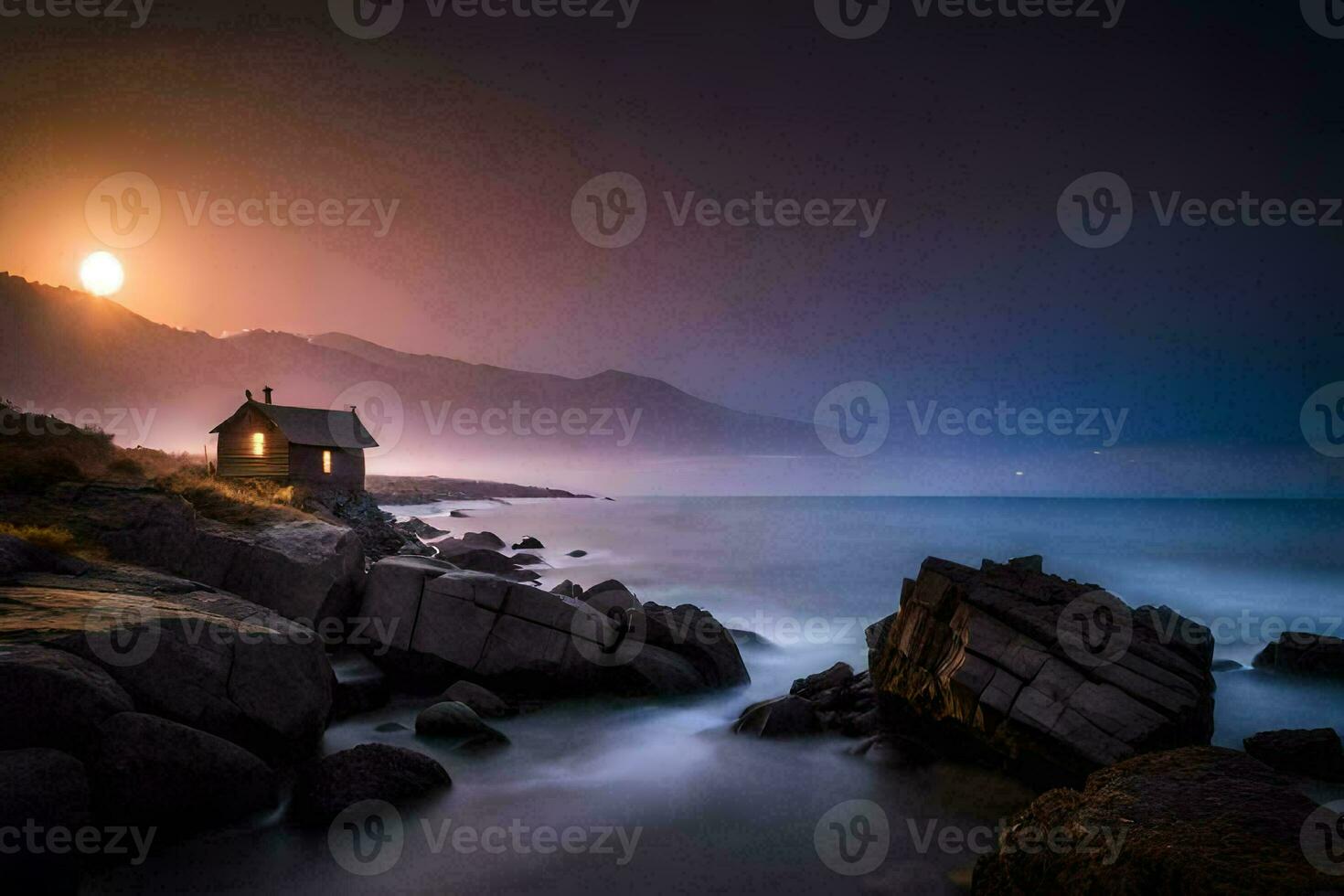 a small house on the rocks in front of the ocean. AI-Generated photo