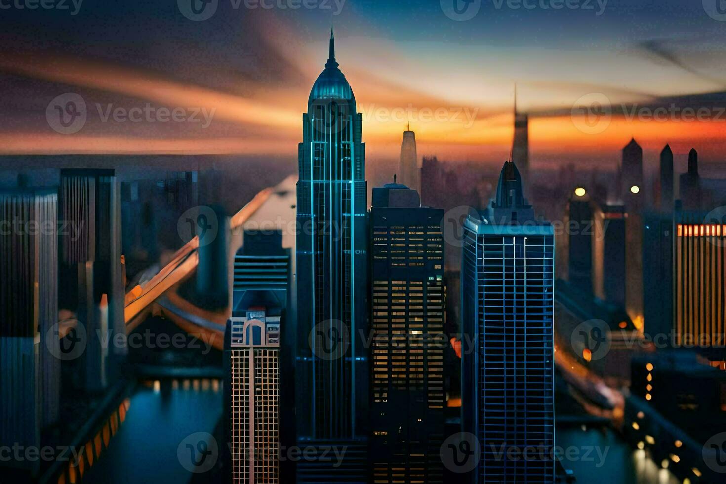 a city skyline at sunset with a lot of traffic. AI-Generated photo