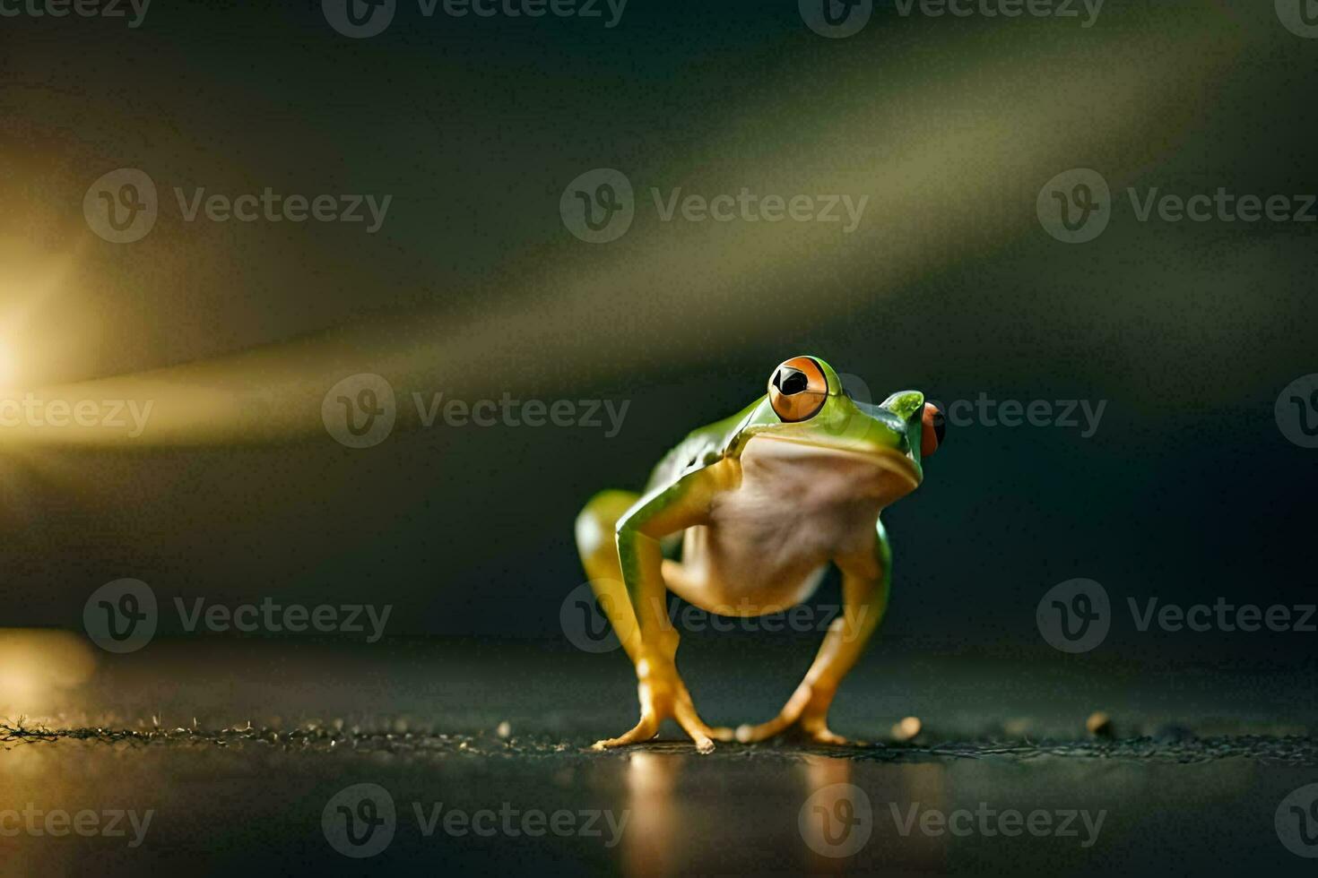 a frog standing on the ground with the sun in the background. AI-Generated photo