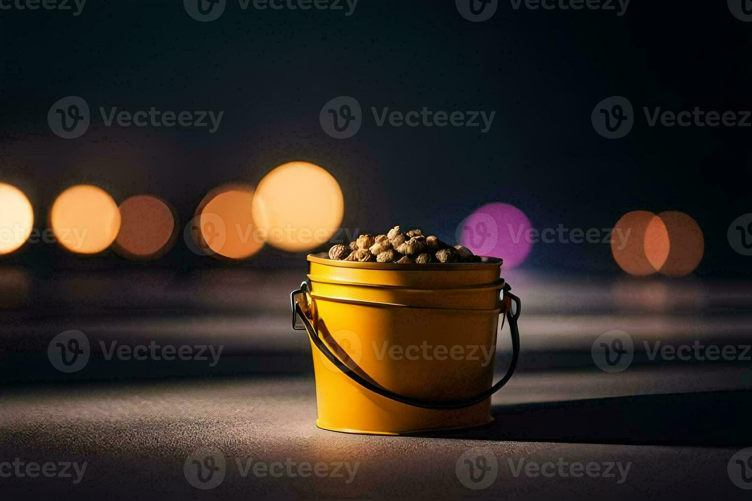 a bucket of peanuts on a table in front of a blurred background. AI-Generated photo