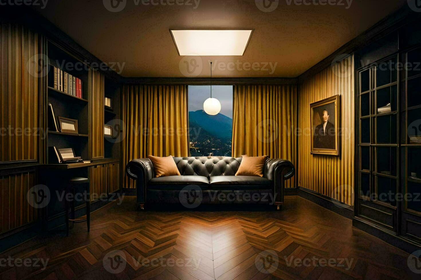 a room with a leather couch and bookshelves. AI-Generated photo