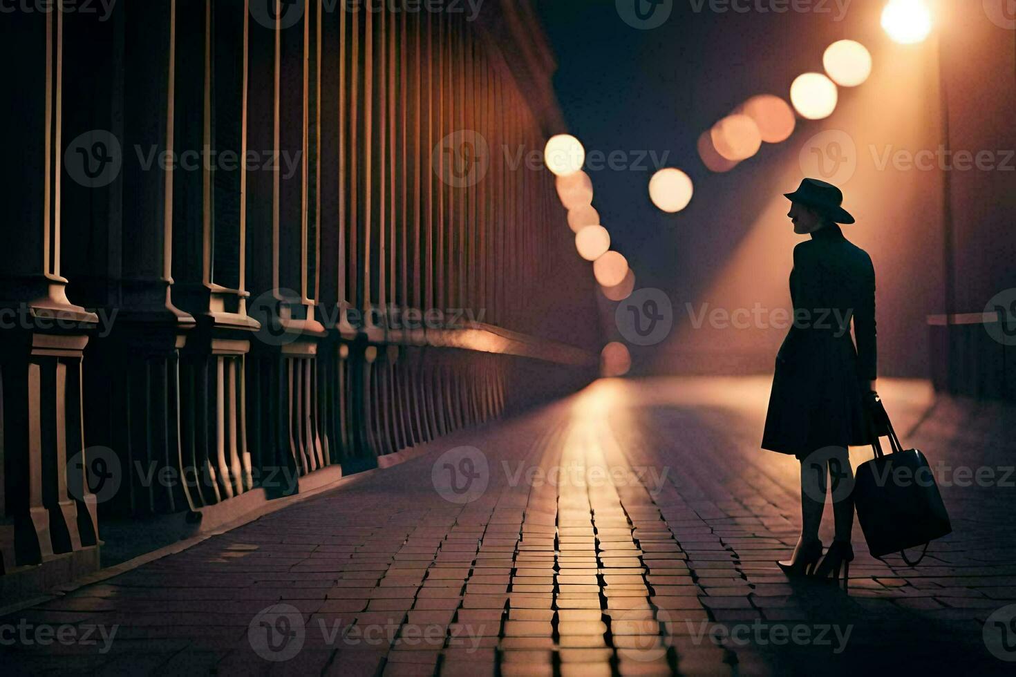 a woman with a suitcase walks down a street at night. AI-Generated photo