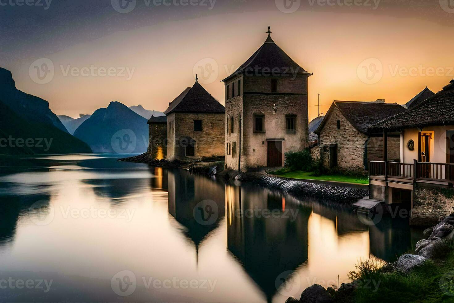 a lake with a castle in the background at sunset. AI-Generated photo