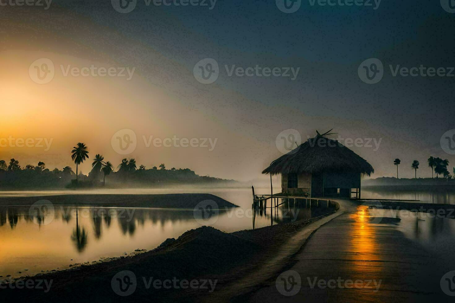 a hut sits on the shore of a lake at sunrise. AI-Generated photo