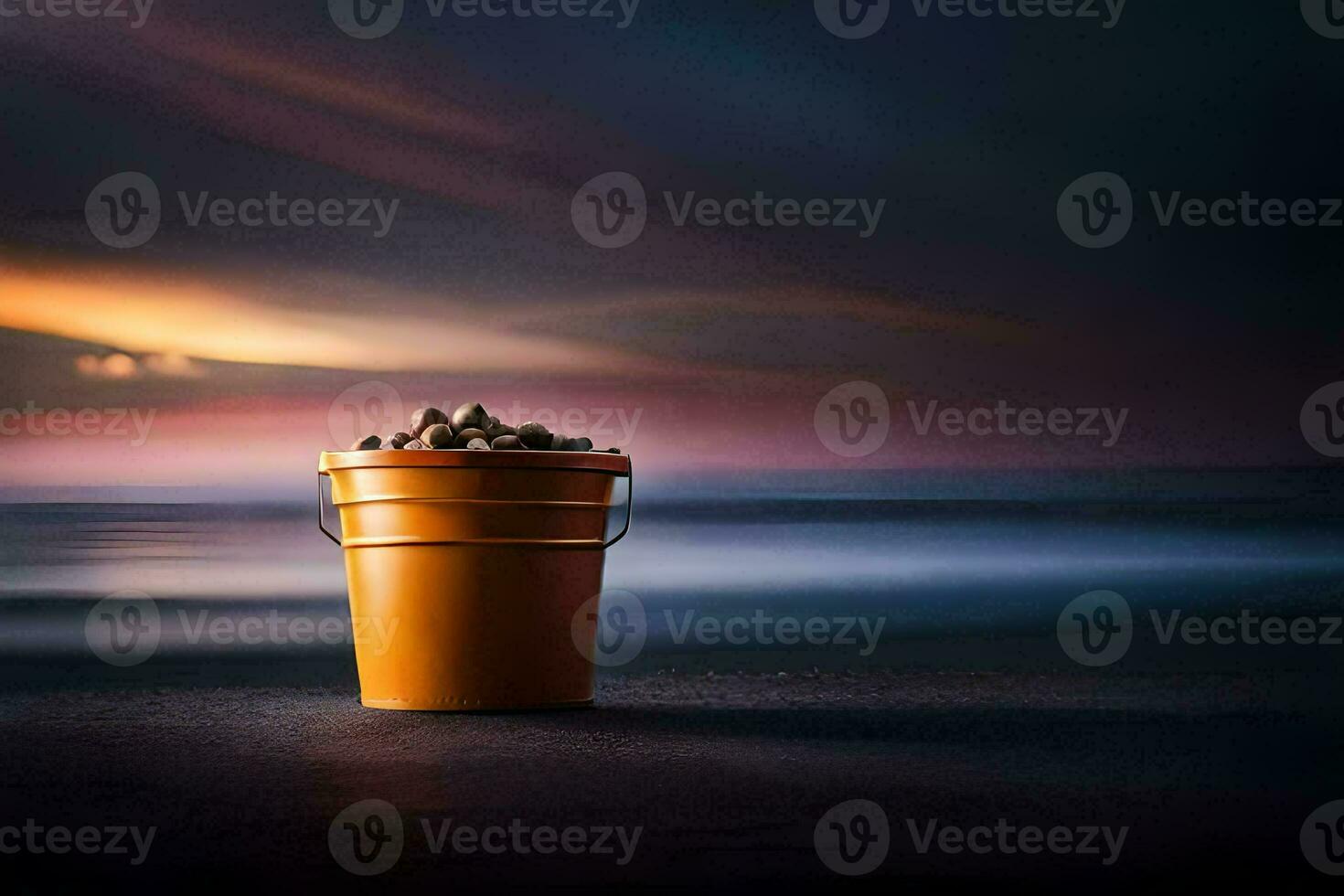 a bucket of sand on the beach at sunset. AI-Generated photo