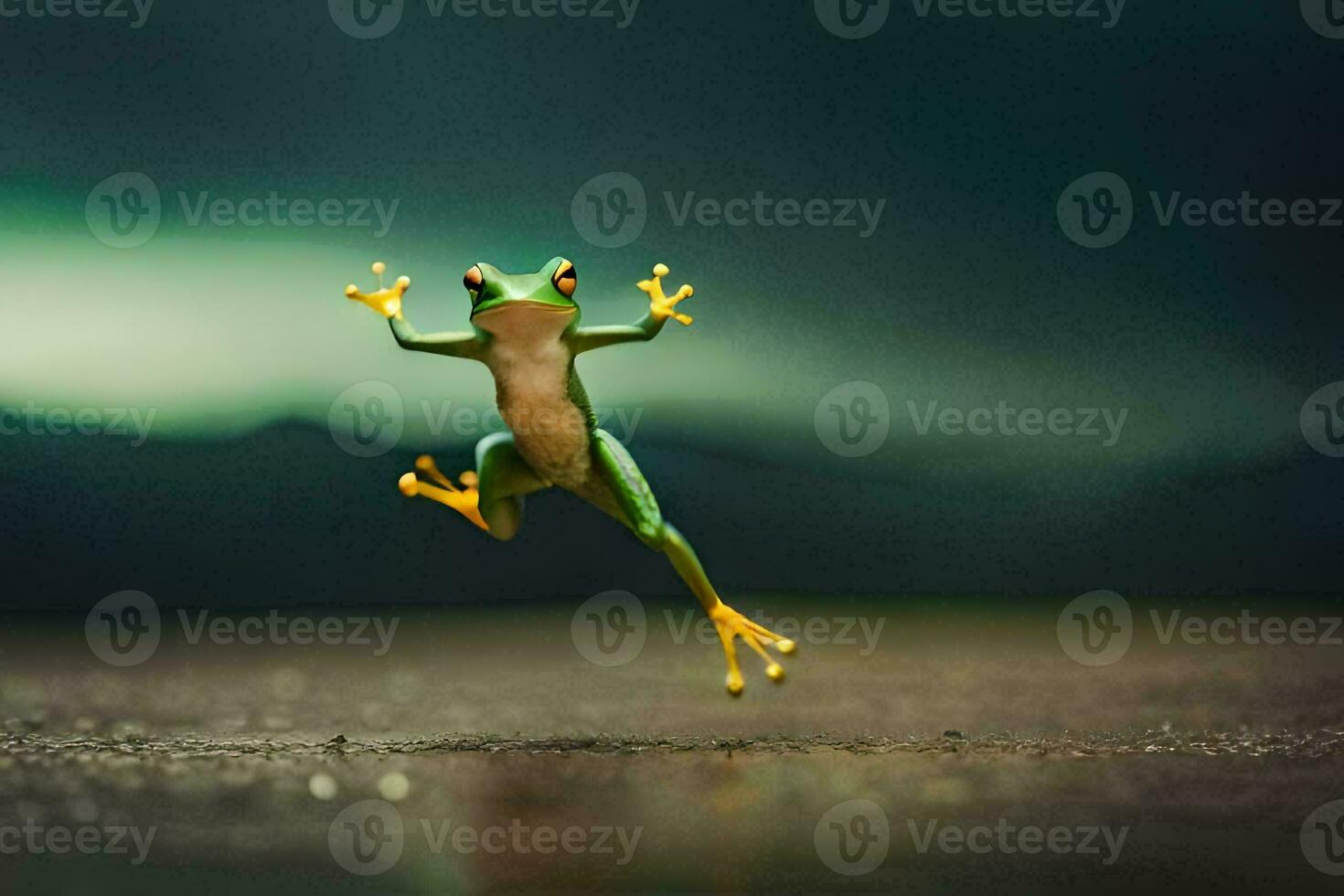 a frog jumping in the air with its legs spread. AI-Generated photo