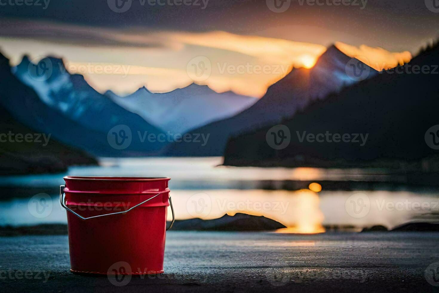 a red bucket sits on the ground near a lake. AI-Generated photo