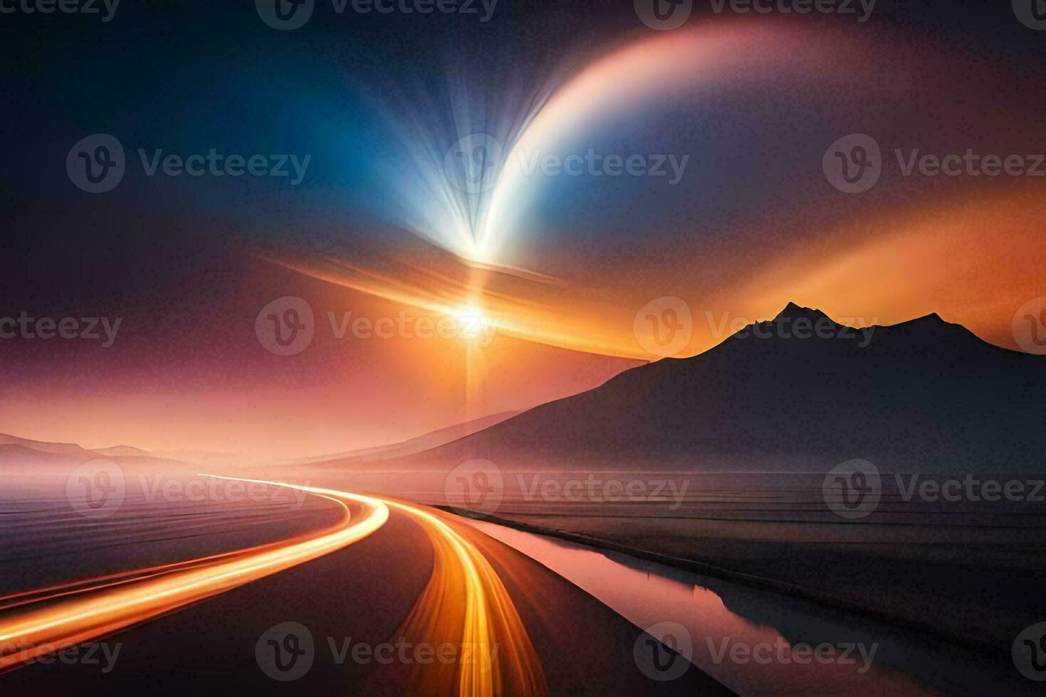 a long exposure photograph of a road and mountains. AI-Generated photo