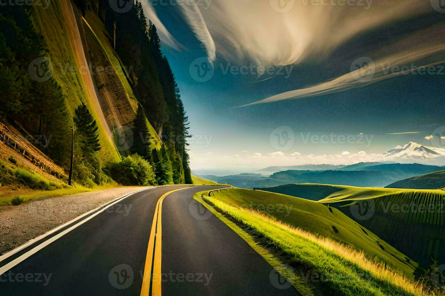 road to the mountains. AI-Generated photo