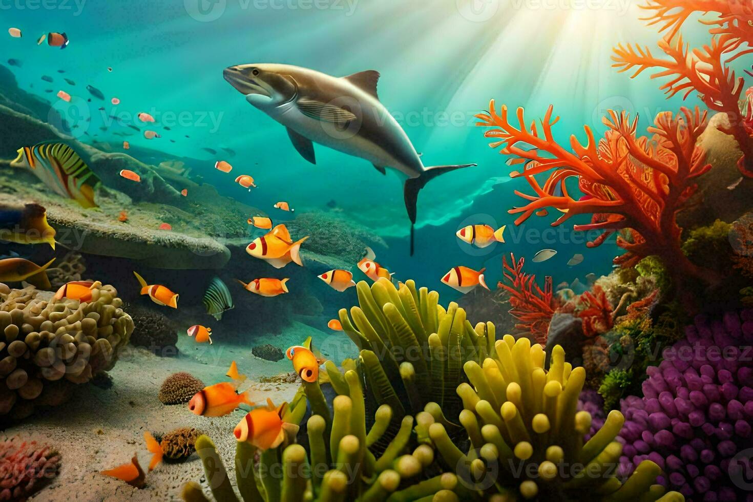 an underwater scene with coral reefs and fish. AI-Generated photo