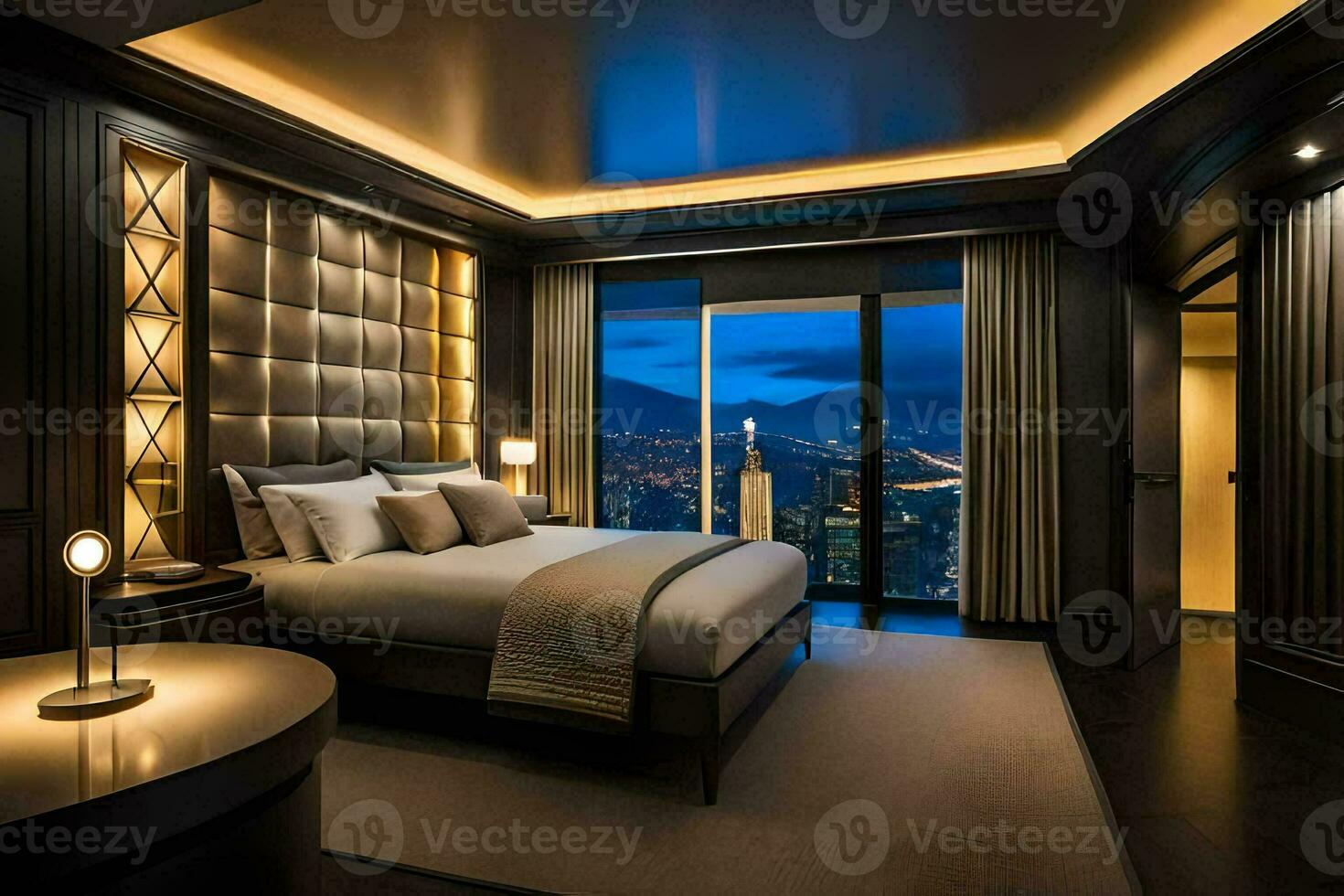 a bedroom with a view of the city at night. AI-Generated photo