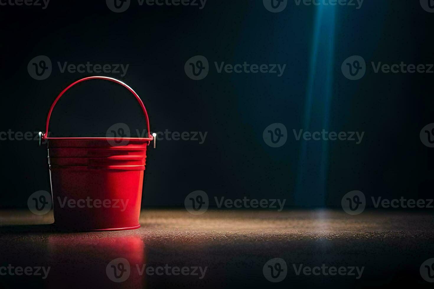 a red bucket on a dark floor. AI-Generated photo