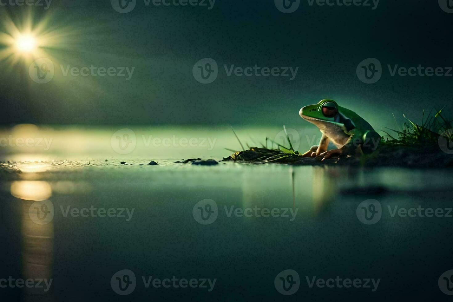 a frog sitting on the edge of the water at night. AI-Generated photo