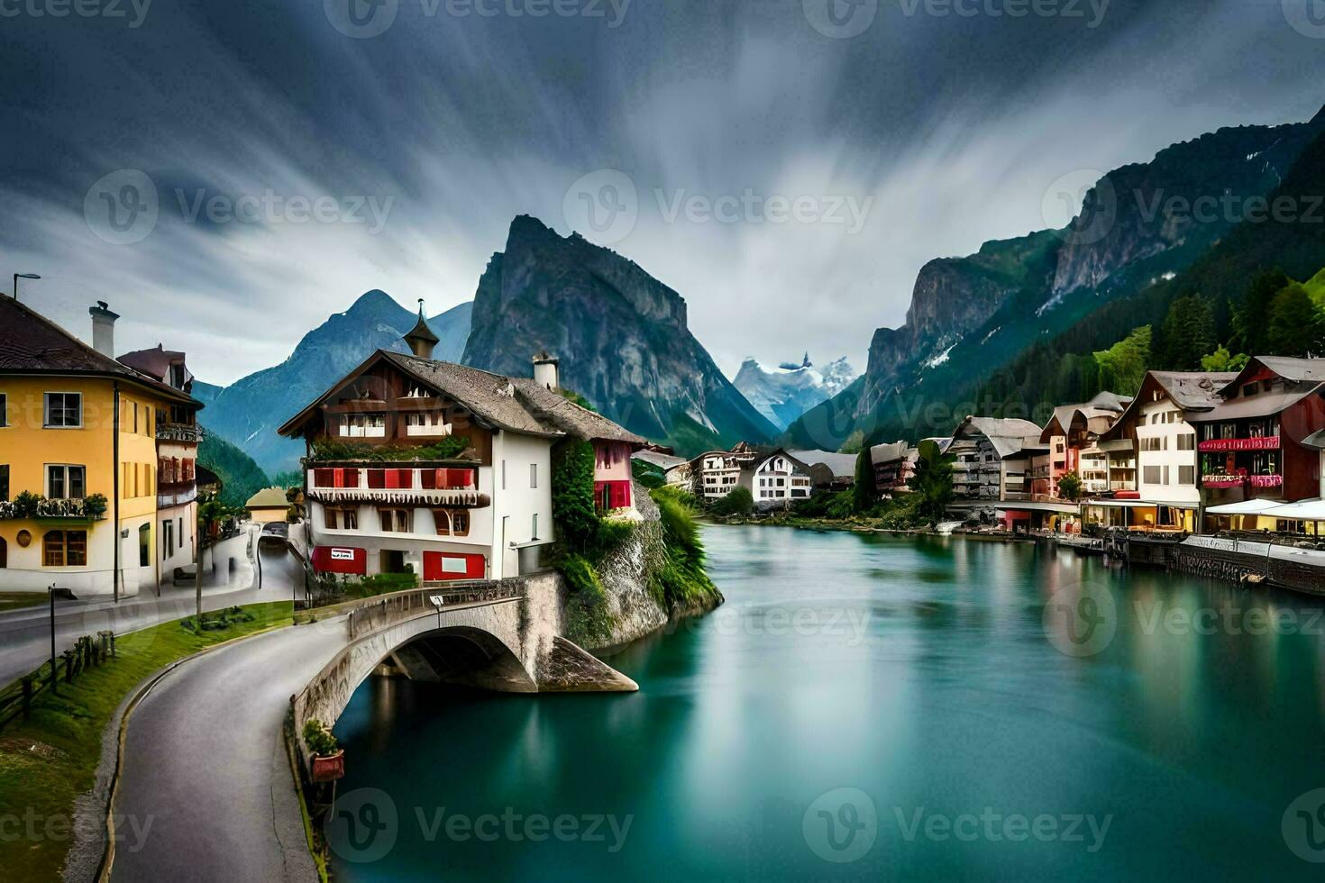 a river runs through a town in the mountains. AI-Generated photo