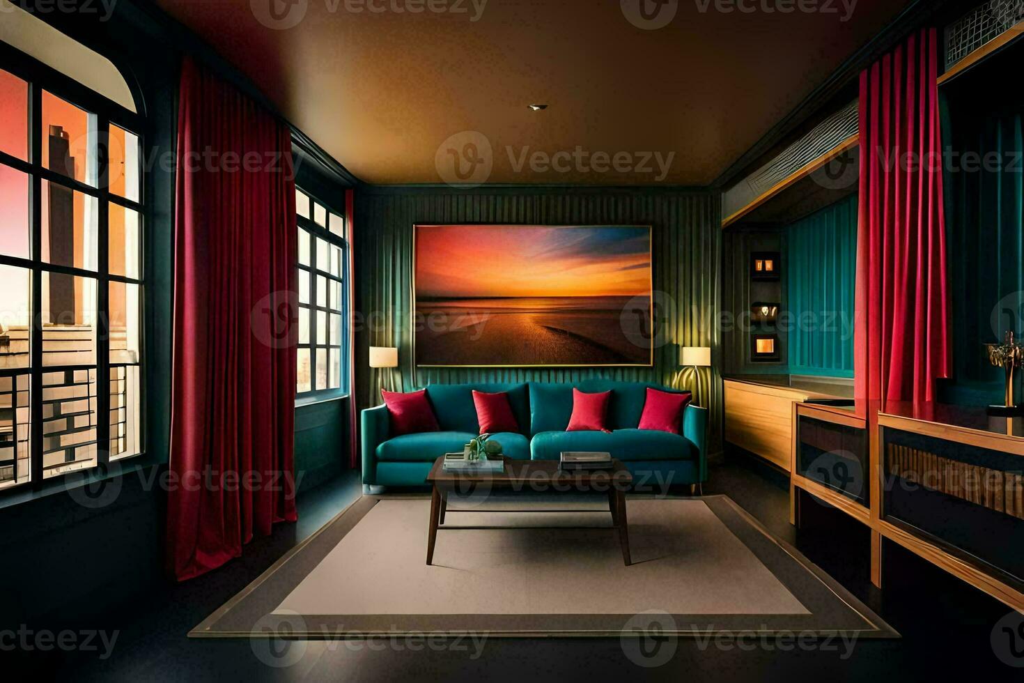 a living room with a couch, coffee table and a painting. AI-Generated photo