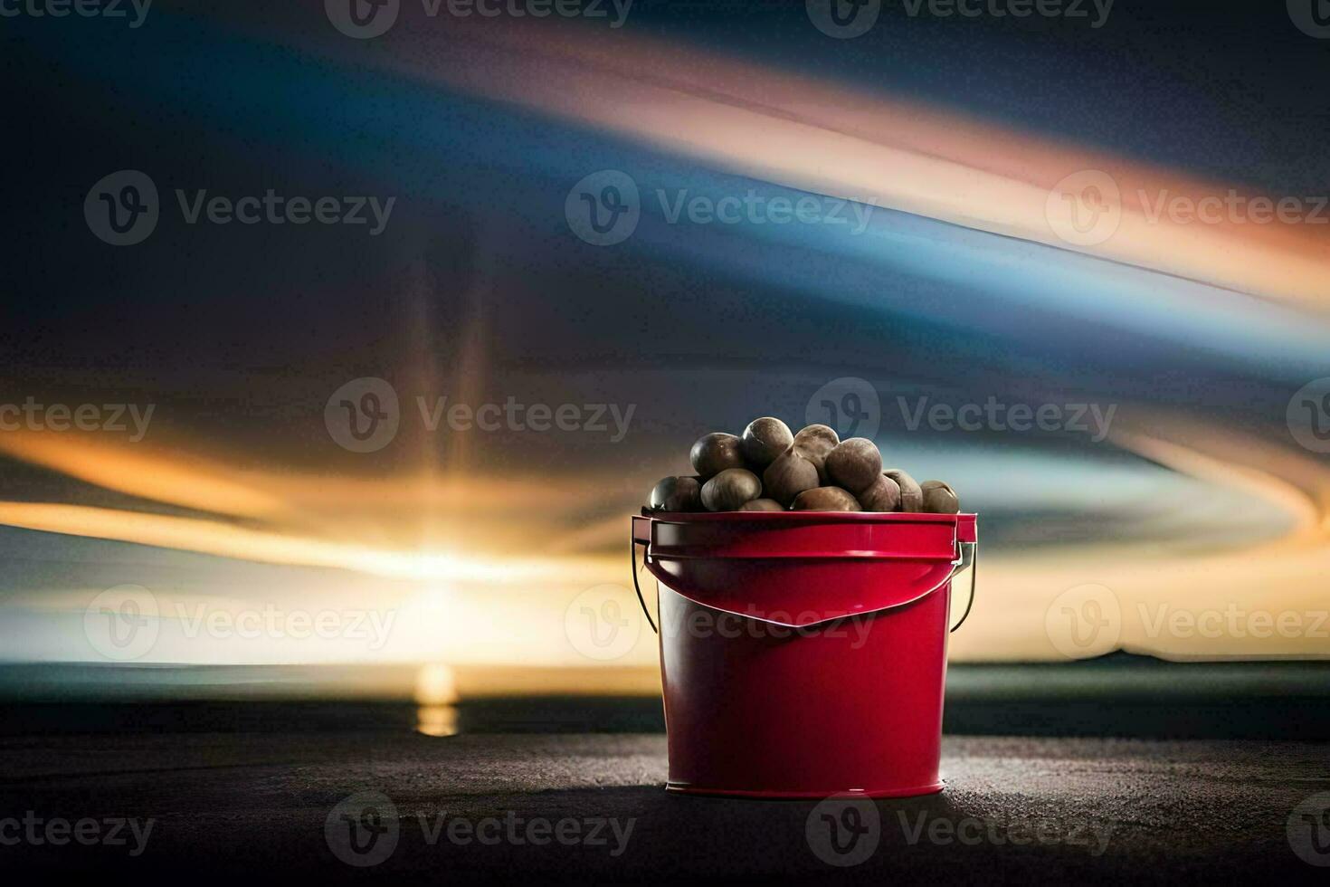 a bucket of potatoes on the beach at sunset. AI-Generated photo